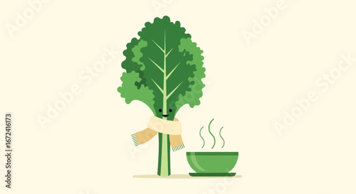 Animated Kale Cartoon Character with Warm Scarf Enjoying Animated Steamy Soup in Bowl