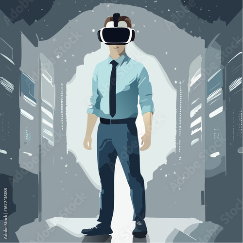 Homme debout bien habillé, portant un casque de réalité virtuelle 