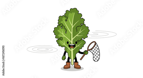Animated Kale Leaf Character Holding a Net, Ready for Adventure and Surprises