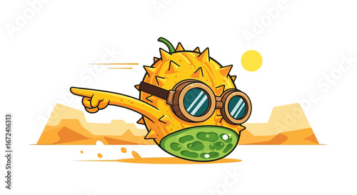 Animated Kiwi Superhero Pointing The Way Through The Desert Adventure Fun Character Illustration