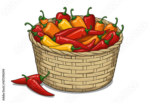 Woven Basket Filled with Colorful Chili Peppers Red Orange Yellow.