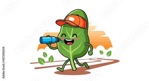 Animated Leaf Character Enjoying Drink While Jogging, Cute Sporty Cartoon Illustration