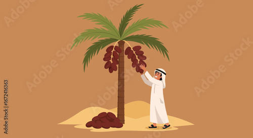 Arabian Man Harvesting Dates from a Palm Tree in a Desert Setting Illustration