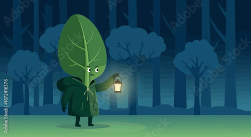 Animated Leaf Character Explores Mysterious Forest at Night Holding a Lantern