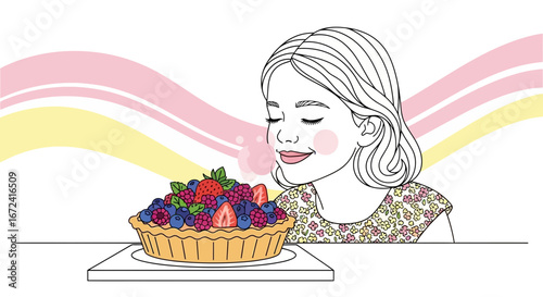 Aromatic Delight: Woman Appreciating a Delicious Berry Tart with Floral Printed Dress