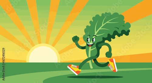 Animated Leaf Character Runs Towards Rising Sun Depicting A Healthy Lifestyle Concept