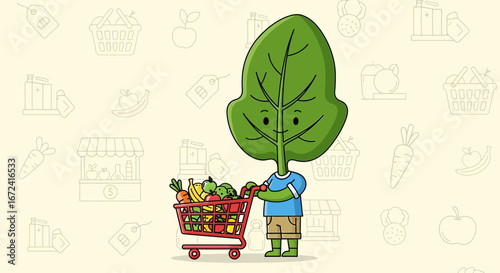Animated Leaf Character Shopping For Fruits and Vegetables With Shopping Cart Illustrations