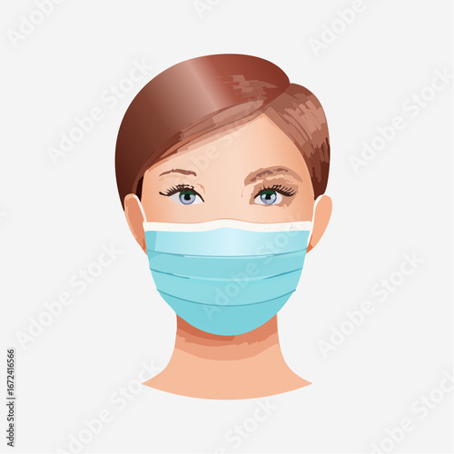 Portrait serré, jolie femme portant un masque sanitaire, arrière plan blanc uni
