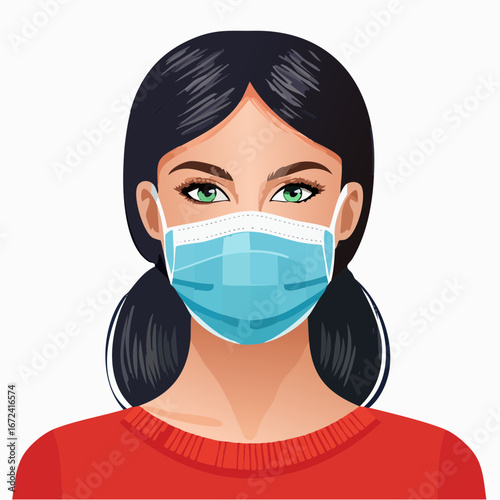 Portrait serré, jolie femme portant un masque sanitaire, arrière plan blanc uni
