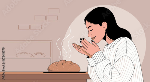 Aromatic Warm Bread: Joyful Woman Enjoys Freshly Baked Homemade Loaf