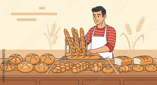 Artisan Baker Arranging Fresh Bread Loaves Displayed Beautifully In A Bakery