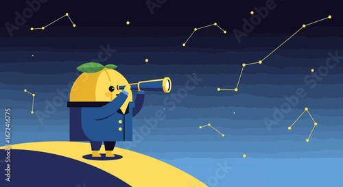 Animated Lemon Character Observes The Night Sky Constellations Through Telescope In Cosmos