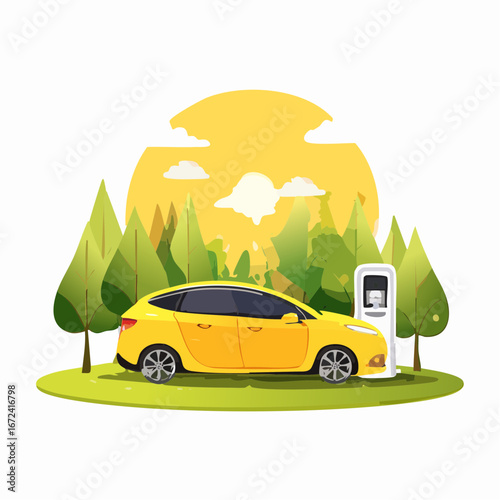 Jolie voiture électrique en train de recharger sa batterie, extérieur, nature, soleil