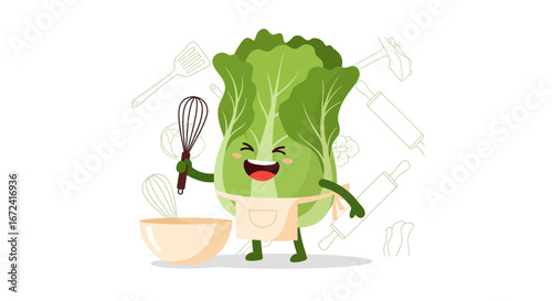 Animated Lettuce Chef Cooking With Whisk, Bowl, And Apron On White Background