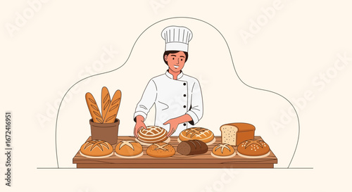 Artisan Baker Displaying Fresh Selection Of Breads And Baked Goods For Displaying