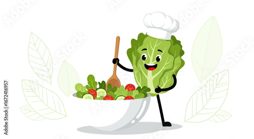 Animated Lettuce Chef Preparing a Fresh and Colorful Salad for Healthy Eating