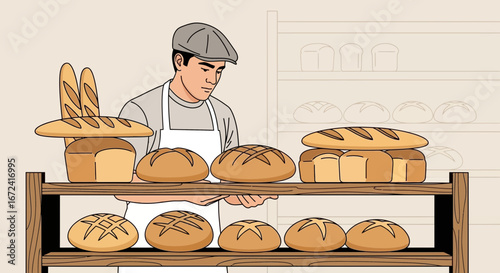 Artisan Baker Displaying Freshly Baked Bread Variety On Wooden Shelves At Bakery