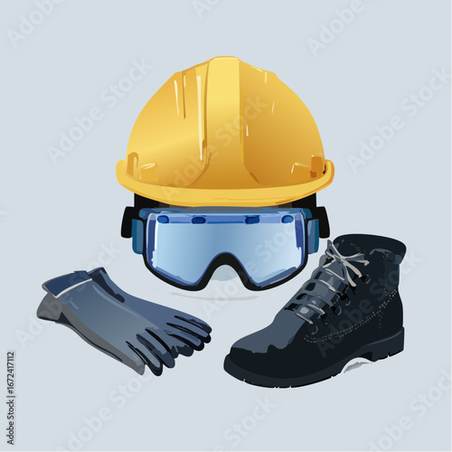 Equipement de protection individuelle, logistique, casque, lunettes, chaussure et gilet de sécurité, arrière plan clair