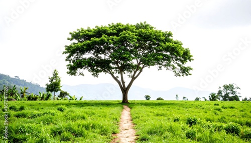 Lush green tree on a grassy path