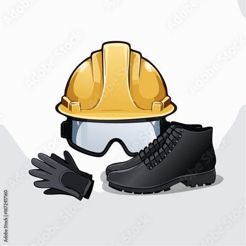 Equipement de protection individuelle, logistique, casque, lunettes, chaussure et gilet de sécurité, arrière plan clair