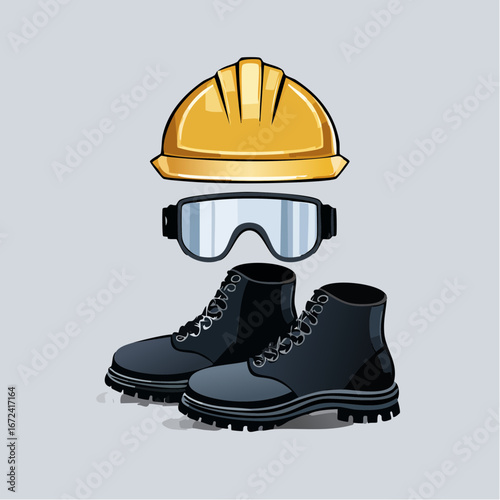 Illustration équipement de protection individuelle, manutention, ouvrier, casque, lunettes, chaussure de sécurité