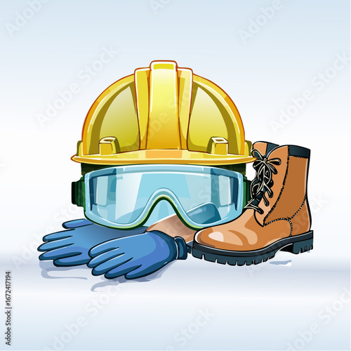Equipement de protection individuelle, logistique, casque, lunettes, chaussure et gilet de sécurité, arrière plan clair