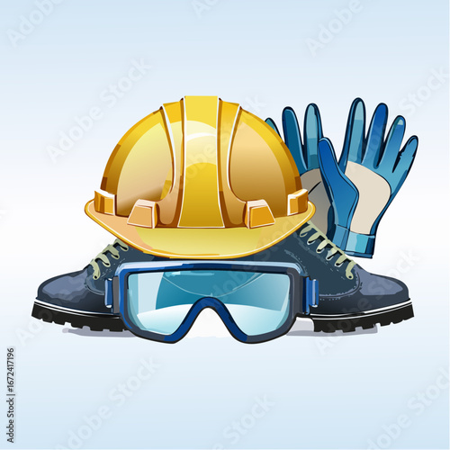 Equipement de protection individuelle, logistique, casque, lunettes, chaussure et gilet de sécurité, arrière plan clair