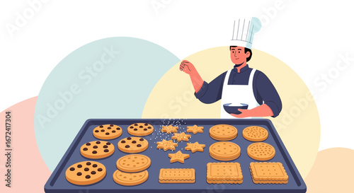 Artisan Baker Sprinkling Icing Sugar Over A Tray Of Freshly Baked Cookies Preparation