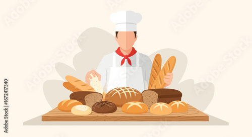 Artisan Baker with Fresh Baked Bread Display, Preparing for Culinary Delights, Bakery Shop Scene