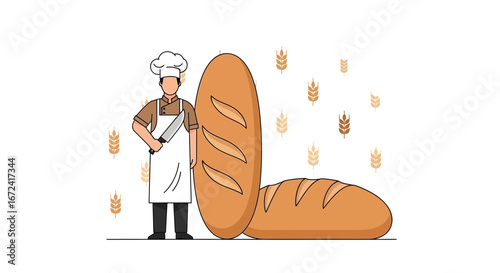 Artisan Bakery Worker Proudly Presents Freshly Baked Breads with Wheat Sprigs Around, Delicious