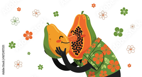 Animated Papaya Characters Bonding And Showing Affection With Eachother And Colorful Flowers