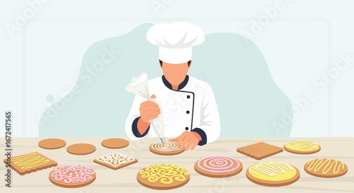 Artisan Decorates Baked Biscuits and Cookies with Creamy Glaze for Dessert