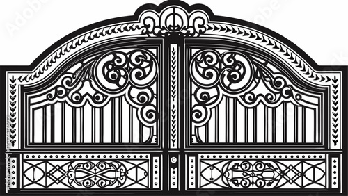Illustration of an ornate wrought iron gate with decorative scrolls and vertical bars design element silhouette