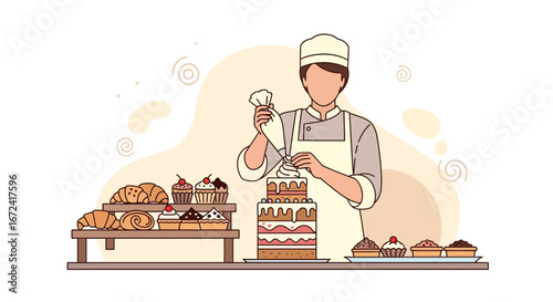 Artisan Decorates Cake with Piping, Bakery Treats are Displayed for Customer Appreciation