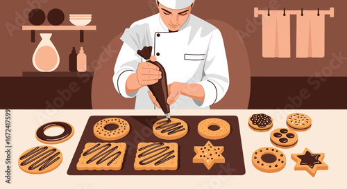 Artisan Decorating Cookies Baking In Bakery With Professional Pastry Chef For Dessert