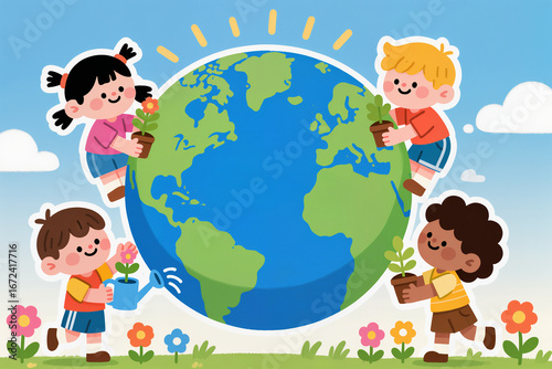 Children caring for Earth eco friendly globe illustration sustainability background