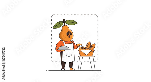 Animated Pear Baker Holding Plate and Fresh Bread, Promoting Healthy Organic Foodstuffs