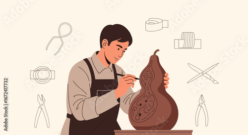Artisan Sculpting Gourd With Precision, Creating Intricate Designs and Craftsmanship