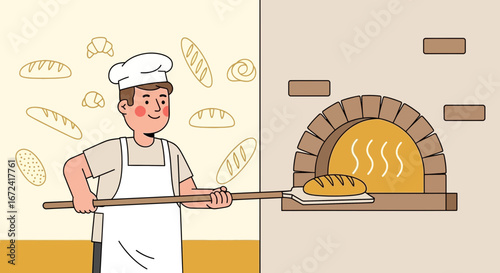 Artisanal Baker Crafting Delicious Bread with Vintage Oven in Charming Illustration