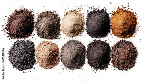 Collection of various soil types in multiple colors organized in neat piles on white background.  Agriculture, environment, geology, natural resources, earth science.