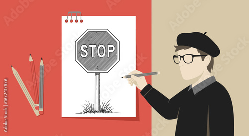 Artist Crafting a Stop Sign, Illustrating a Decision in a Visual and Artistic Manner