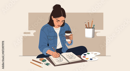 Artist Crafting Artwork With Coffee, Inspiration, And Imaginative Creative Concepts