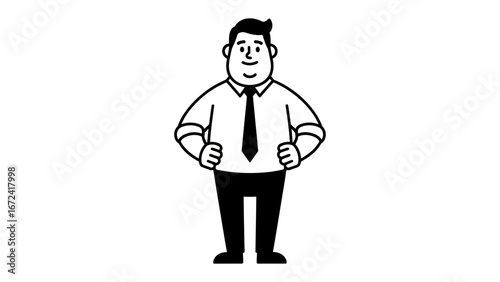 Confident Man: A self-assured professional stands with hands on hips, exuding confidence and authority, dressed in a classic black and white attire.