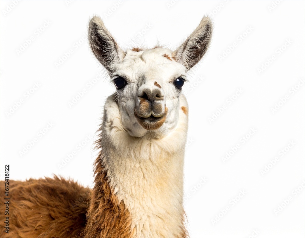 Obraz premium Curious llama portrait with soft gaze and white background