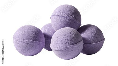 Cluster of five fluffy spherical bath bombs lavender and white for relaxing bath experience