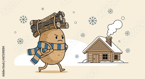 Animated Potato Character Carrying Firewood Towards a Cozy Wooden Cabin in Winter