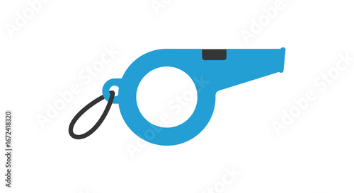 Blue plastic whistle with black cord and clip