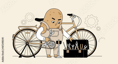 Animated Potato Character Repairing a Bicycle with Workshop Tools and Gears in Action