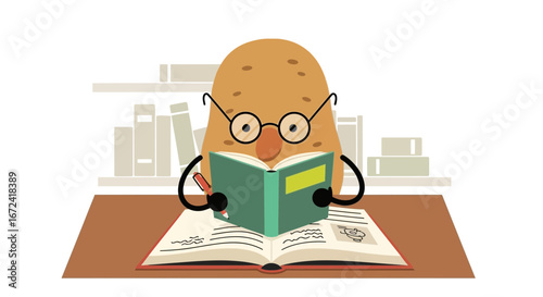 Animated Potato Character Wearing Glasses Reading A Book With A Pen And Studying, Illustration
