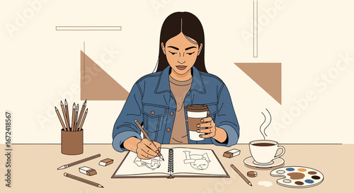 Artist Sketching, Sipping Coffee, Surrounded By Drawing Tools In Her Creative Space